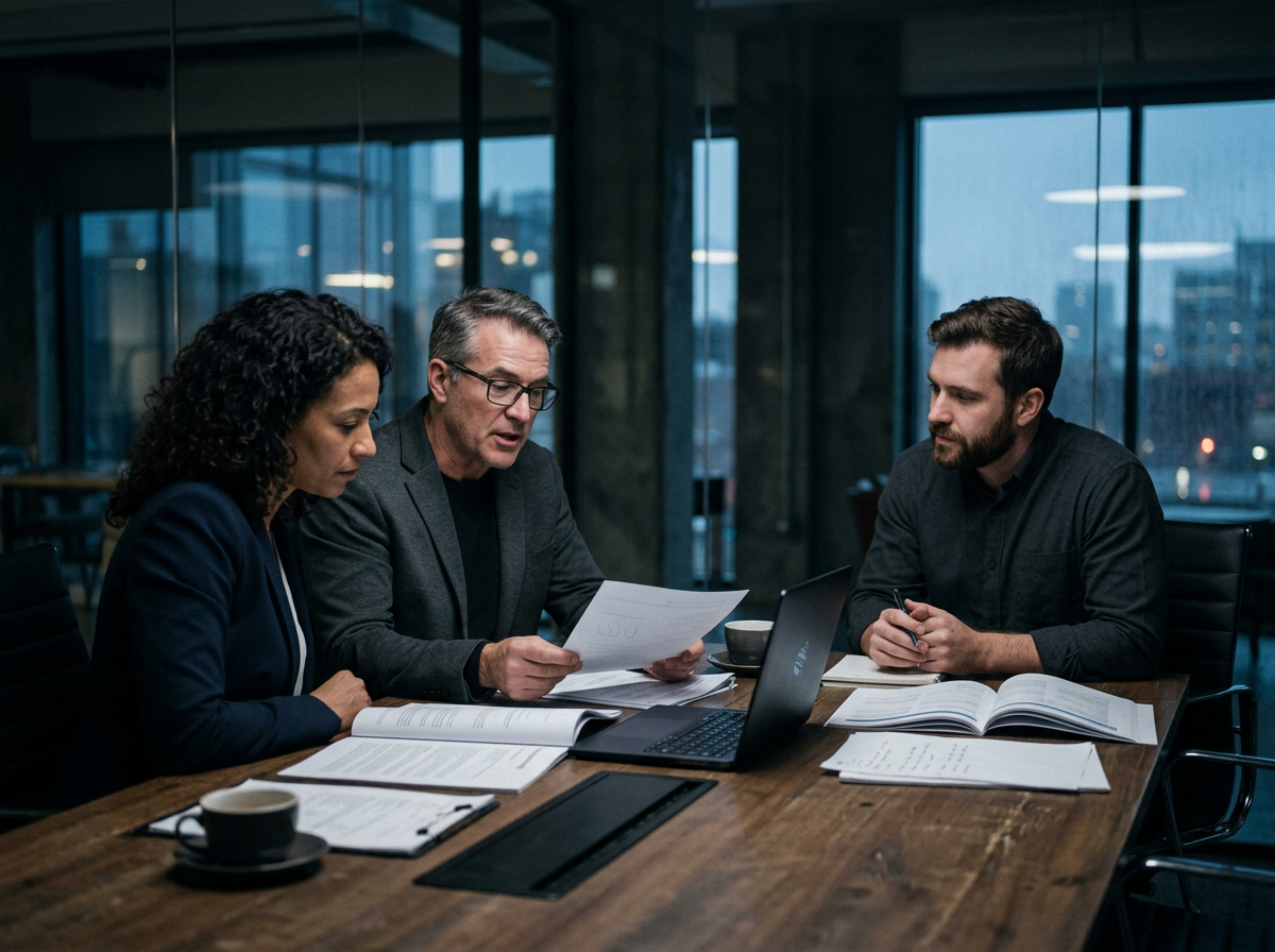 Consulting team reviewing documents in a boardroom