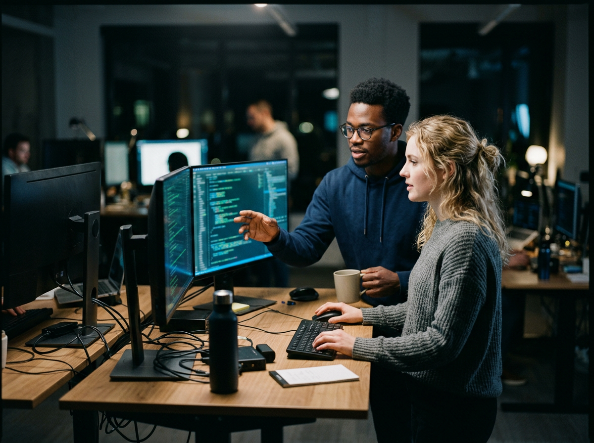Two engineers collaborating at a standing desk with monitors