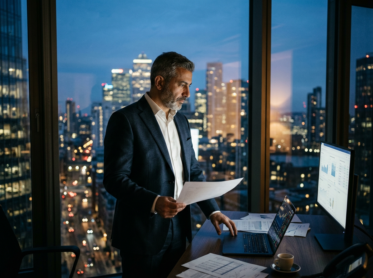 Finance executive reviewing documents