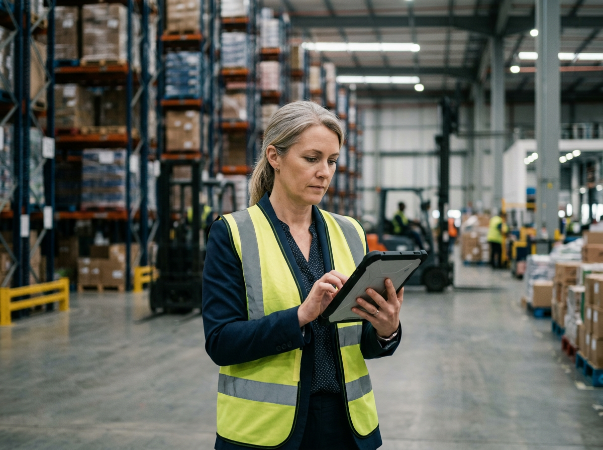 Operations manager holding a tablet in a warehouse