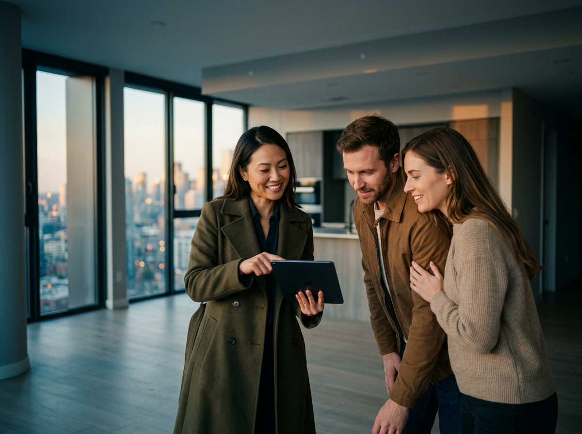 Real estate advisor showing a tablet to a couple in an apartment