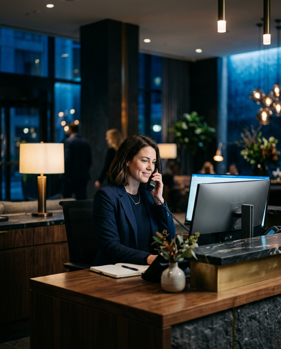Receptionist on a phone call at a lobby desk