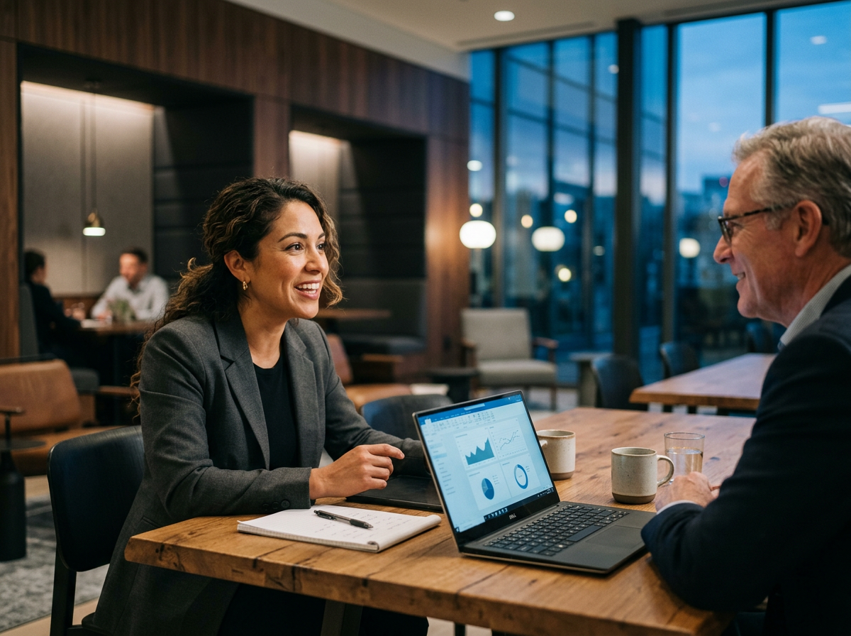 Sales professional speaking with a client at a table