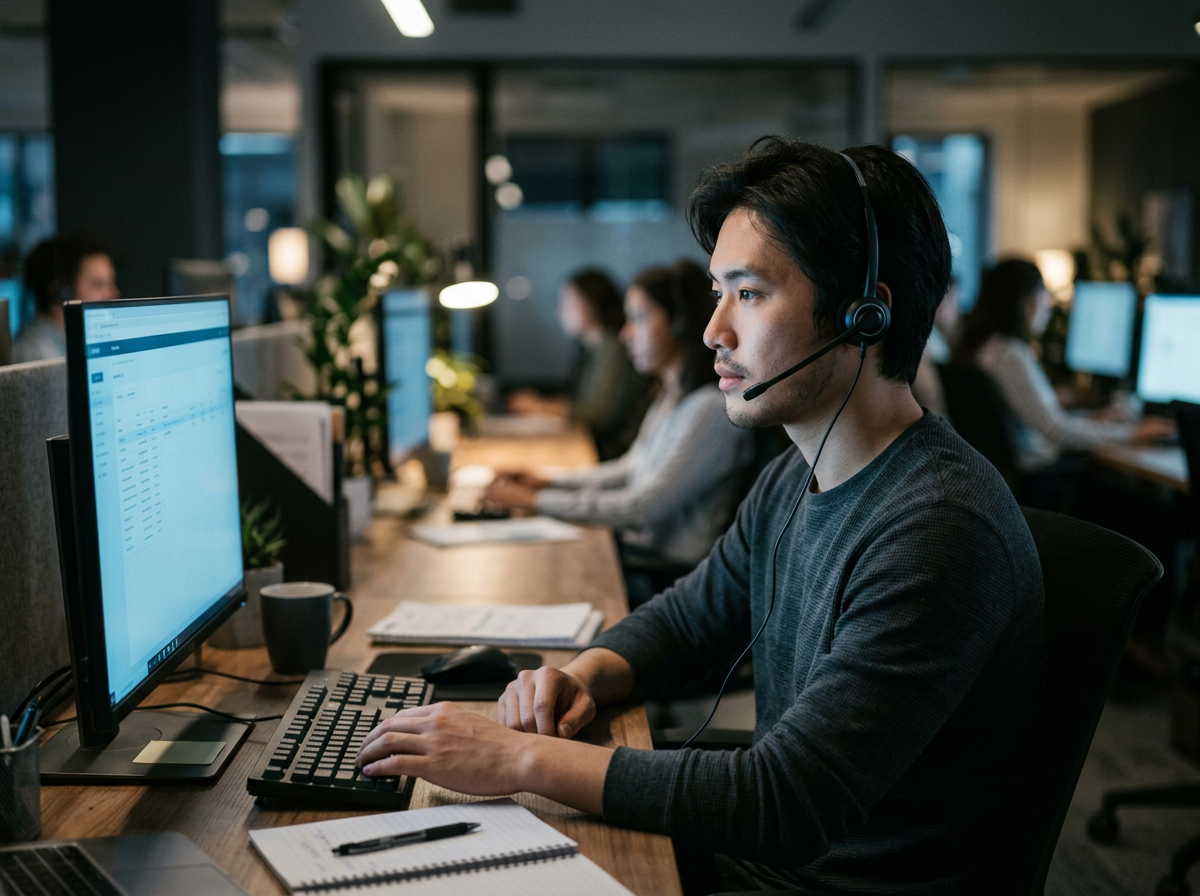 Customer support professional wearing a headset at a desk