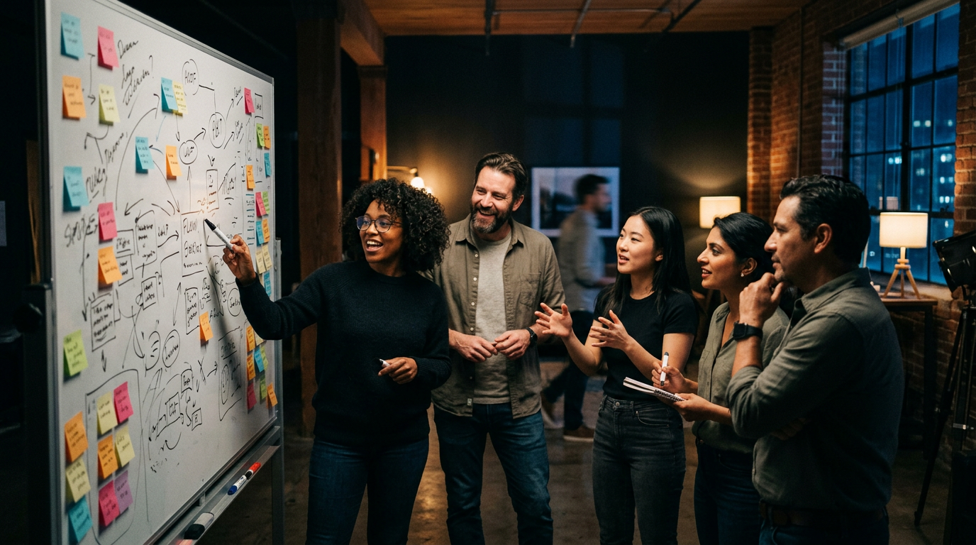 Team gathered around a whiteboard in a workshop